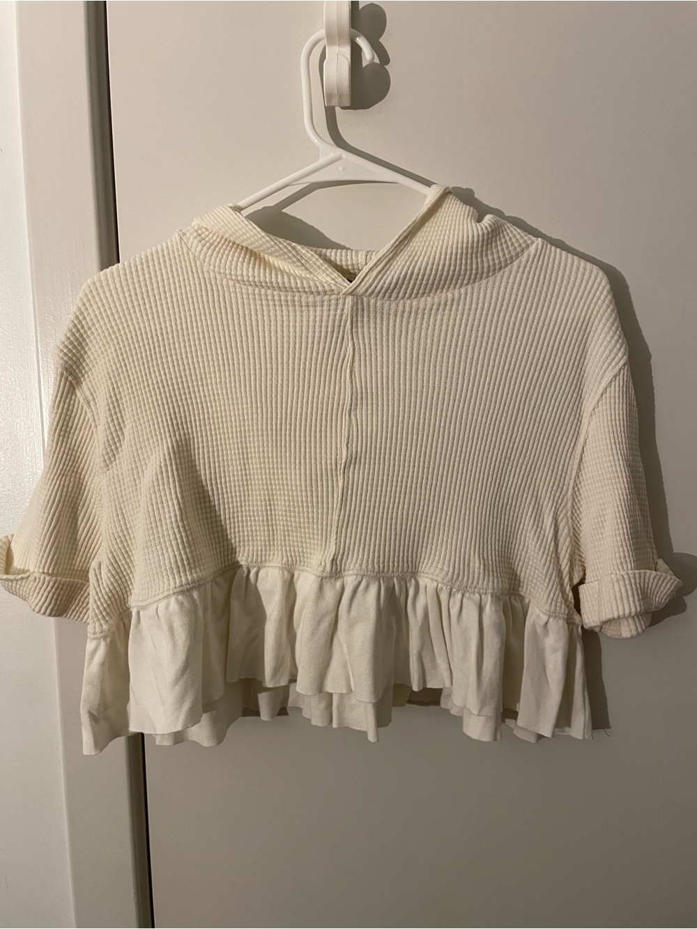 Urban Outfitters Sweet Dreams Cream Waffle Knit Ruffle Hem Hoodie